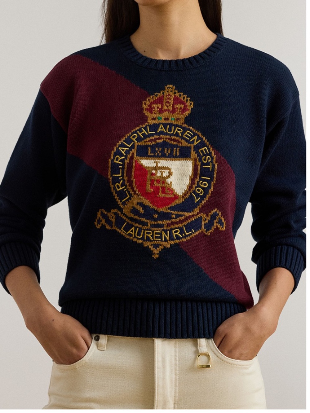 Ralph Lauren Navy Crewneck Sweater with Burgundy Diagonal and Crest - Picture 4 of 5